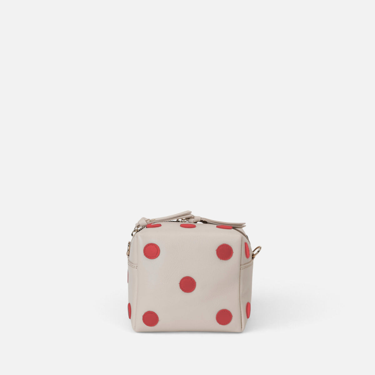 Dado Blanco y Rojo de Mercules – bolso de piel con forma de dado blanco con puntos rojos, vista 6