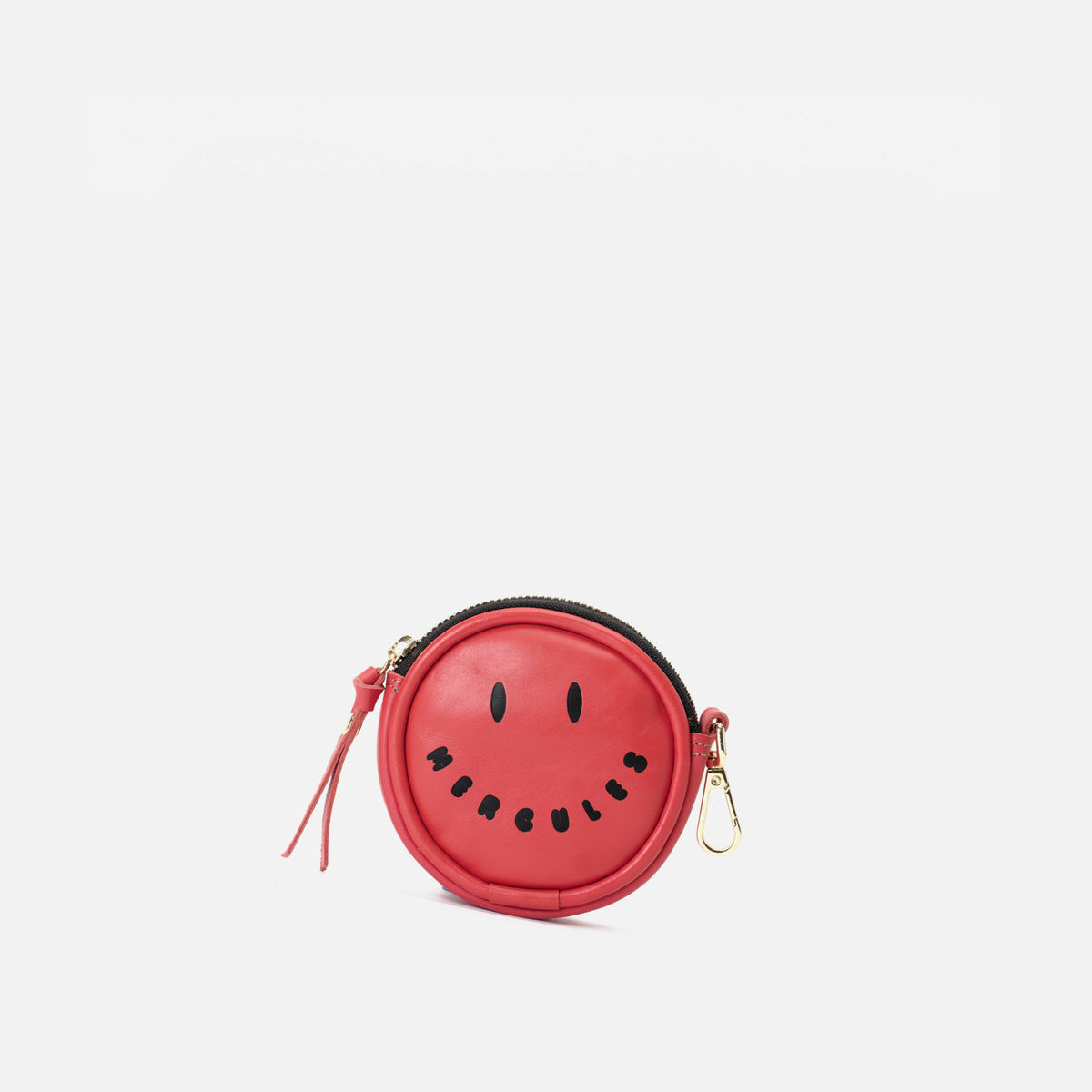 Smiley round leather coin purse in lipstick red, by Mercules