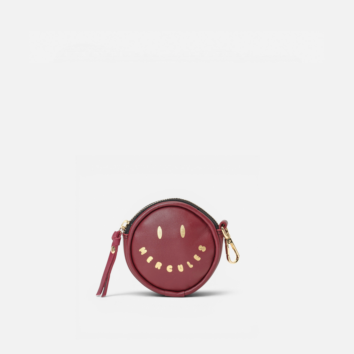 Smiley round leather coin purse in burgundy, by Mercules