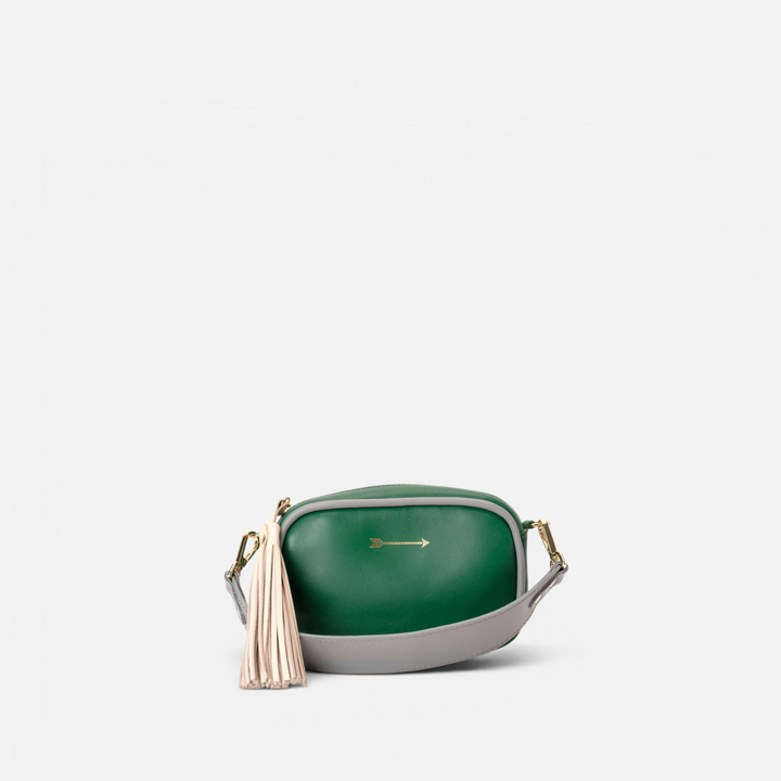 Samba small leather bag with fringes in green, grey and bone, by Mercules