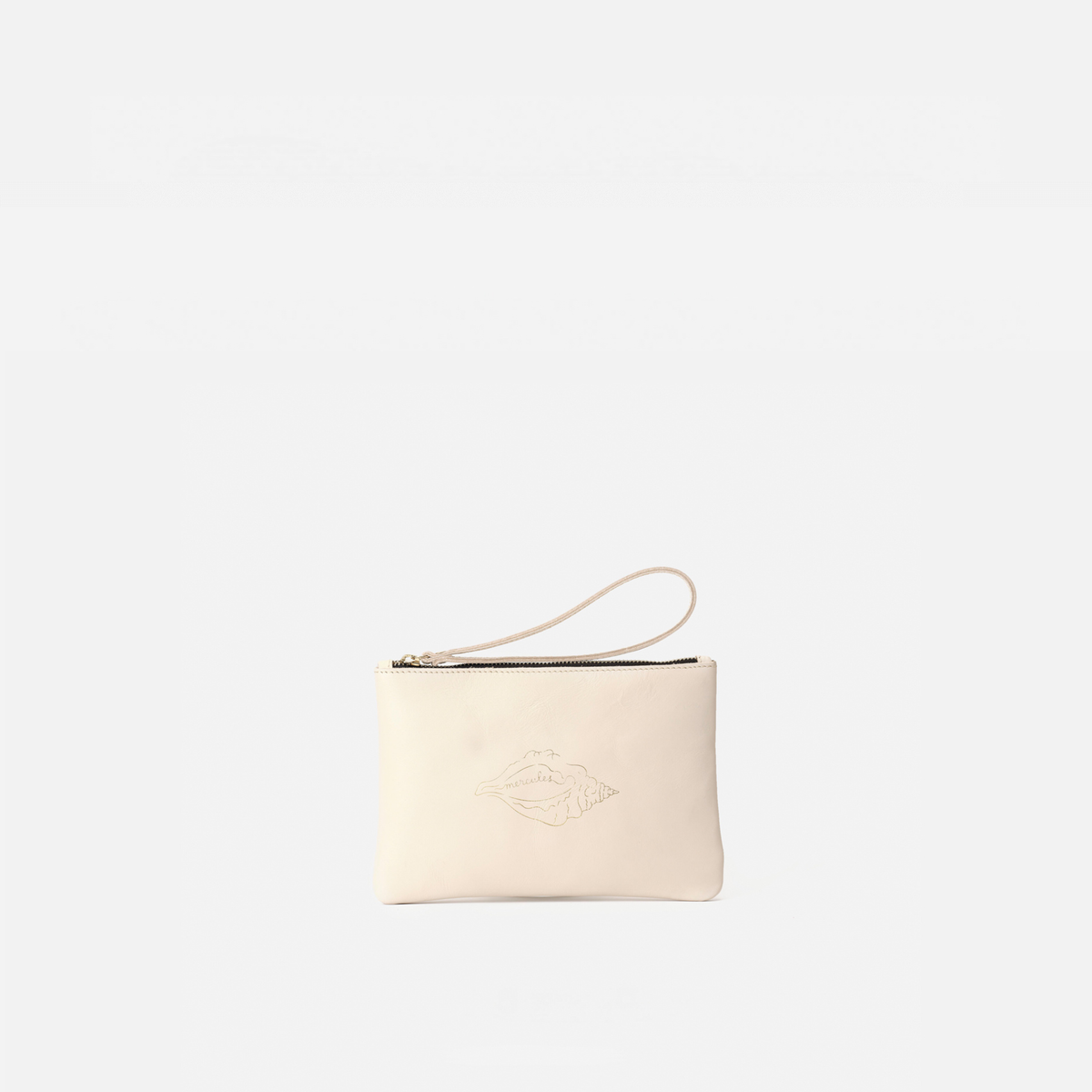 Zipper Shell leather shell clutch in bone, by Mercules