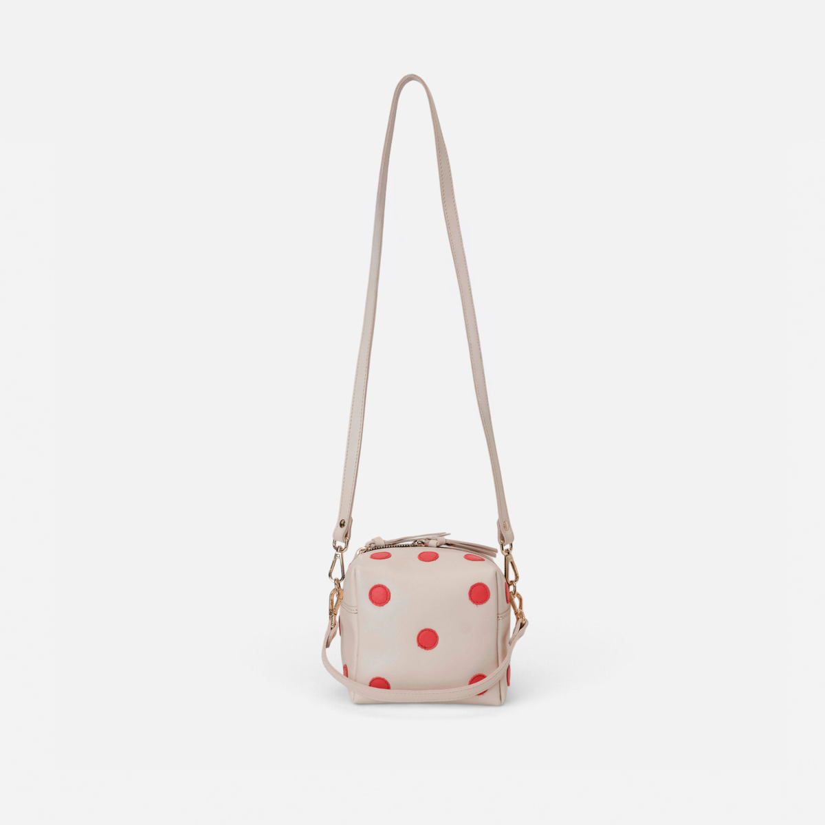 Dado Blanco y Rojo de Mercules – bolso de piel con forma de dado blanco con puntos rojos, vista 4