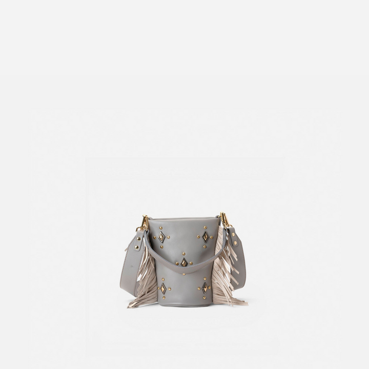 Bolso pequeño con flecos Candy Flecos color gris y hueso, de Mercules