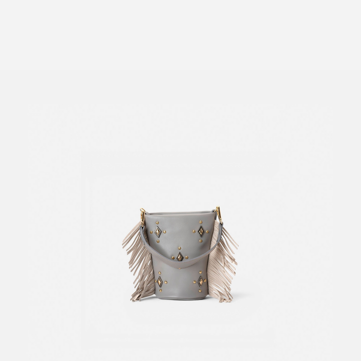 Bolso pequeño con flecos Candy Flecos color gris y hueso, de Mercules